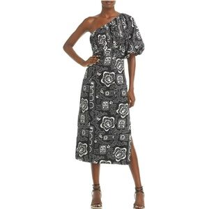 NWT RHODE  100% Linen Chantelle Midi One shoulder Dress size 4 black white print
